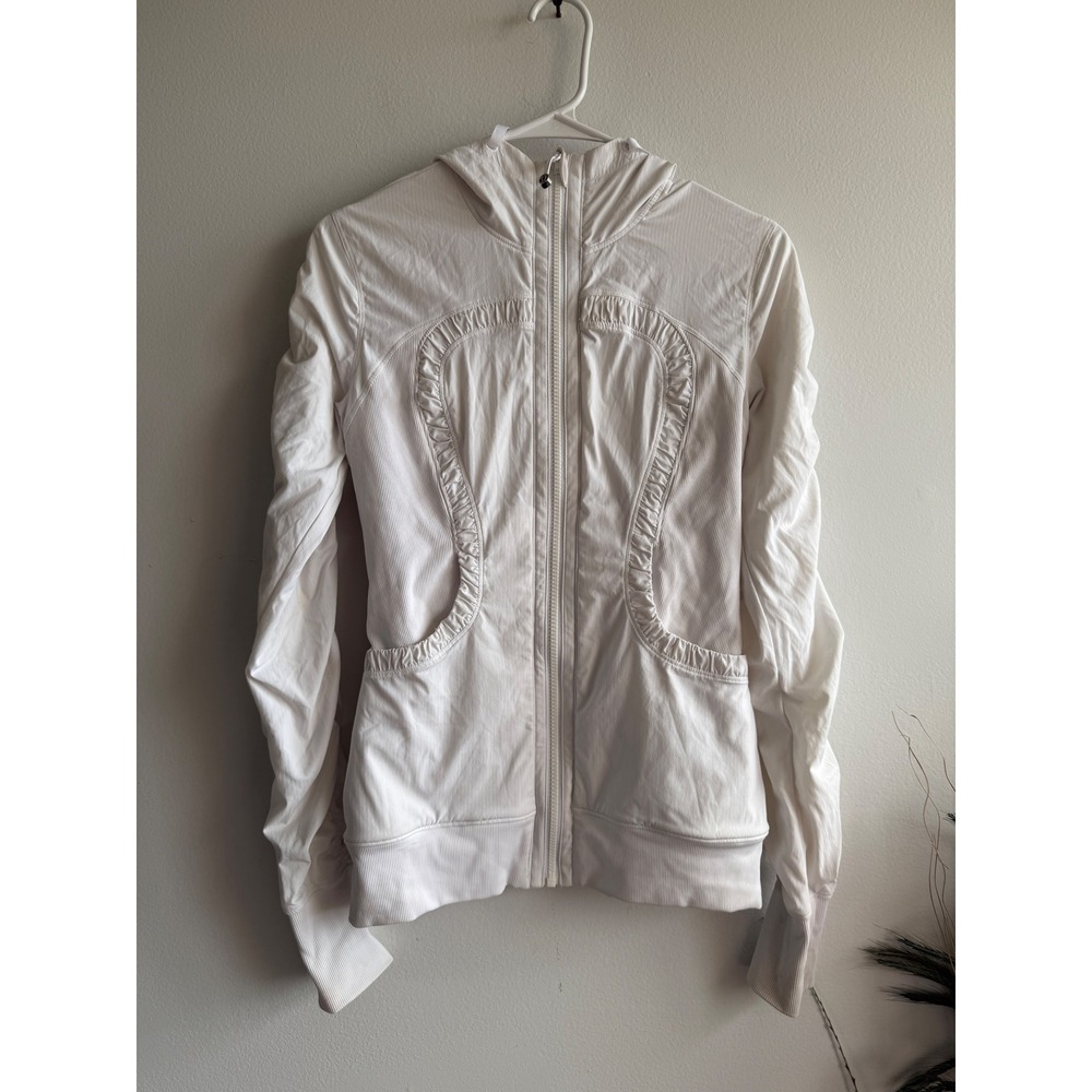 Lululemon White Stride Jacket Ruched Sleeve Hooded Full Zip Ribbed Size 4/6 Flaw